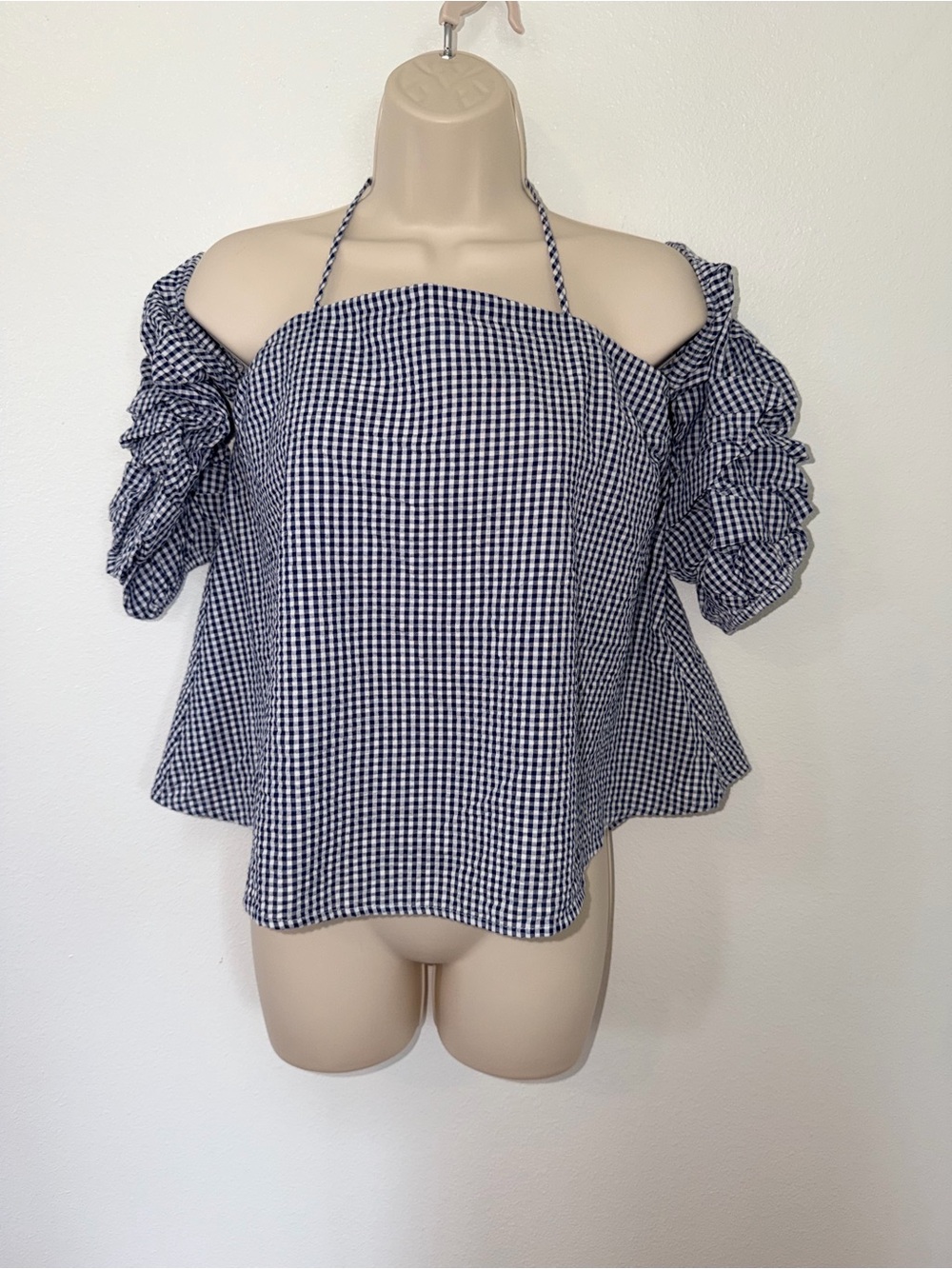 Forever 21 Navy and White Gingham Off-Shoulder Halter Top